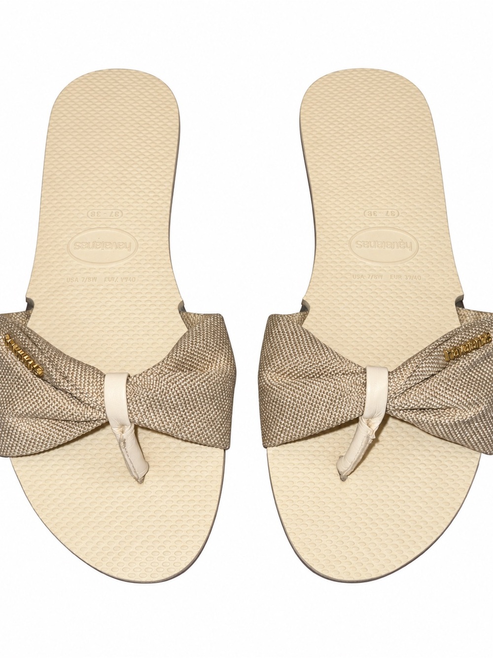 Havaianas You St. Tropez Shine Beige Gold Bow Flip Flop Sandals Women’s 7/8